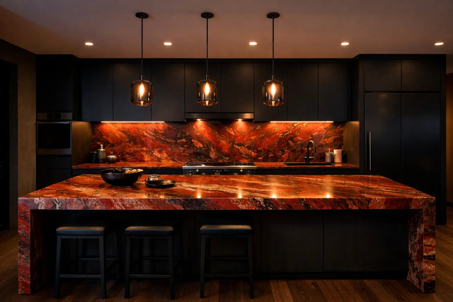 Gedurfd gekleurd kwartsiet werkblad in moderne keuken